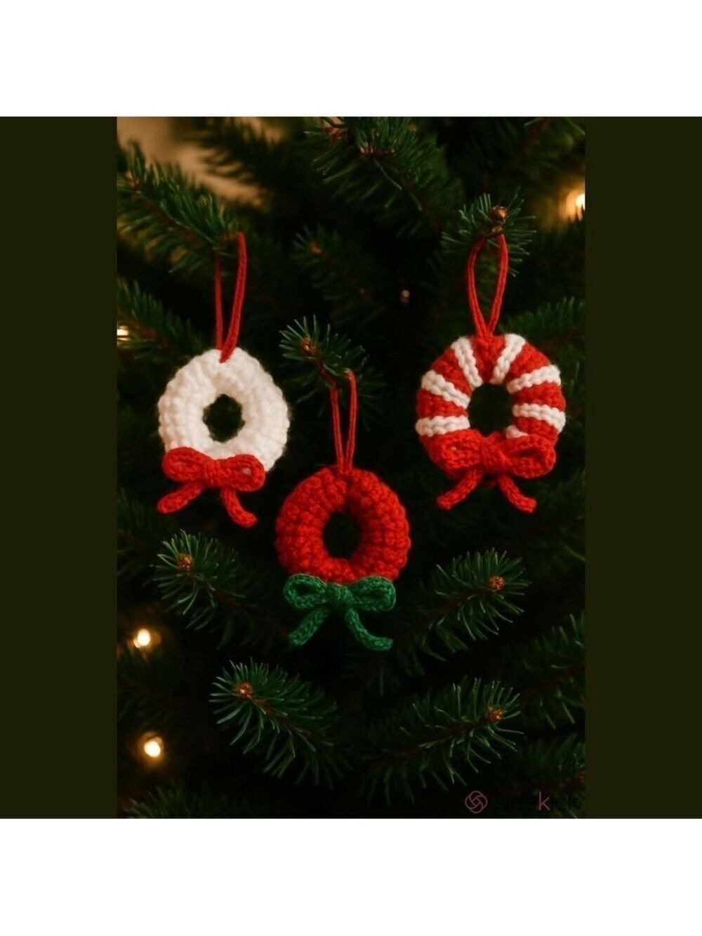 Set of 3 Crochet Wreath Ornaments - Red White Peppermint Christmas Tree Decor